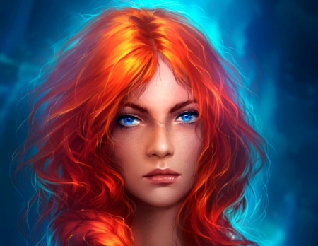 Ice and fire - ice, face, redhead, girl, luminos, tira-owl, fire, fantasy