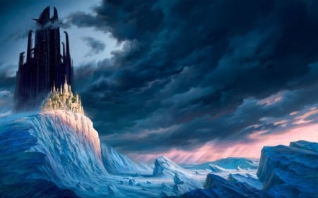 Castle On Icy Mountain - clouds, fantasy, winter, peak, snow, Castle, mountains