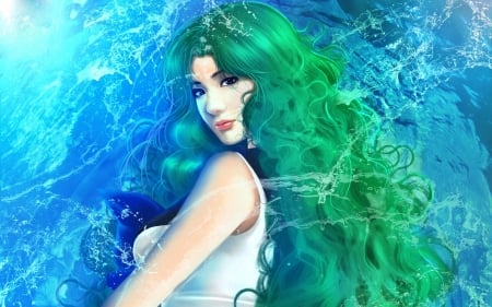 Girl of the sea - pretty, blue, girl, ocean, green hair, hair, fantasy, green, green blue, waves, art