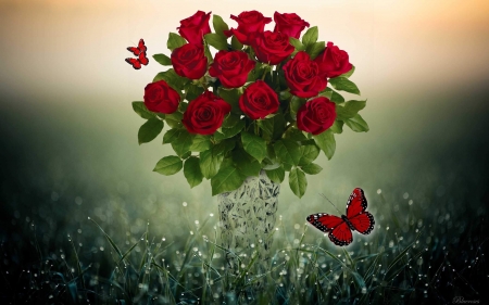 Red roses bouquet - red, butterfly, rose, flower, bouquet