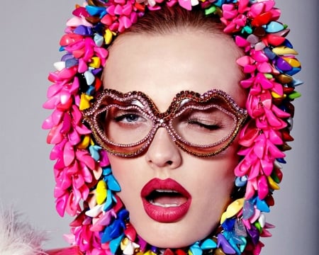 Beauty - face, glasses, pink, model, girl, valentine, lips, woman, colorful