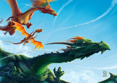 Dragons - fantasy, vladimir guleski, orange, dragon, green