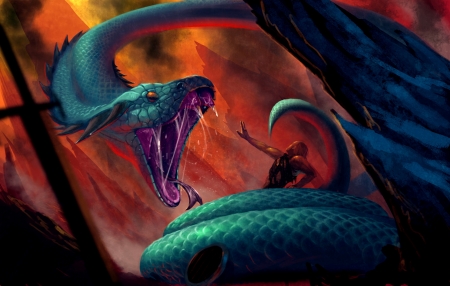 Monster snake - fantasy, monster, orange, luminos, snake, blue, art, green