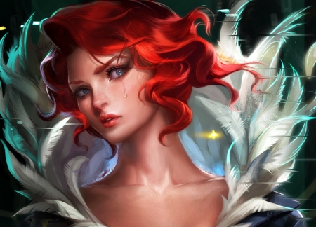 Red - tears, girl, feather, sakimichan, cry, fantasy, white, redhead, green, woman, art, luminos