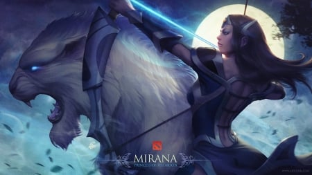 Mirana - moon, princess, girl, fantasy, archer, art, mirana, game, dota, luminos, creature, animal, luna, artgerm, tiger