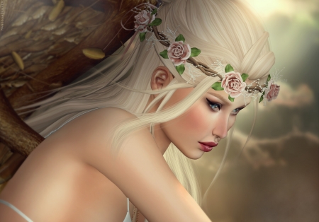 Beauty - girl, blonde, flower, fantasy, wreath, magissadenver, rendering, face, luminos