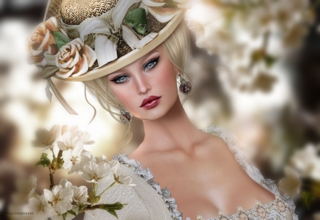 Beauty - beauty, woman, rendering, hat, girl, frumusete, fantasy, elegant, face, magissadenver, luminos, flower