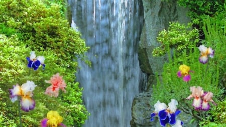 Mountains Falls - nature, trees, forest, flowers, mountains, waterfall, iris