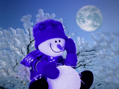 Winter snowman - moon, snowman, winter, cute, snow