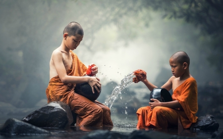 Little monks - buddhism, water, copil, monk, coupel, children, river, boy, orange, little