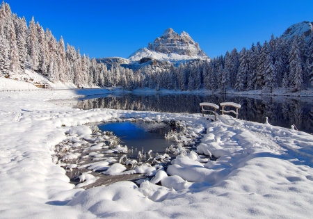 Winter landscape - reflections, trees, winter, beautiful, snow, landscape, forest, cliffs, frost, lake, sky, rocks