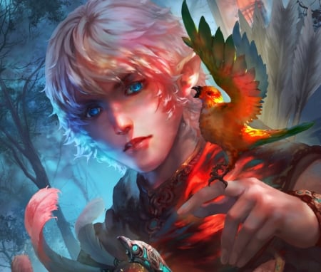 Silver moon ranger - fantasy, bird, face, art, pink, parrot, red, luminos, man, blue, antilous