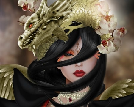 Princess - girl, orchid, flower, fantasy, dragon, woman, magissadenver, rendering, princess, face, brunette, asian, luminos