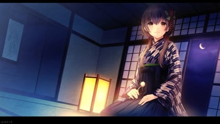 Japanesee Girl - girl, room, night, japanese, cg, japan, lantern, game, kimono, indoor