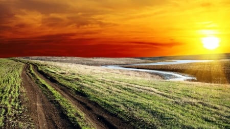 Spring Sunshine - clouds, nature, lake, spring, grass, field, sky