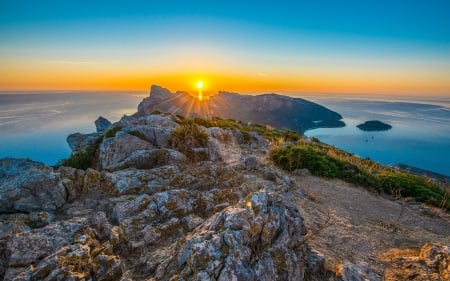 Sunset at Majorca - blue, Mediterranean, beach, sea, orange, sunset, nature, Majorca, Spain, sun, rocks