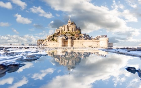 Beautiful castle - sky, water, clouds, castle, shore