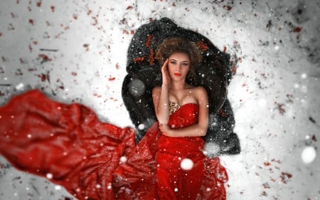 Lady in Red - red, lying, woman, model