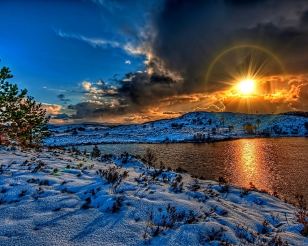 Winter River - nature, sky, landscape, clouds, snow, river, winter, sunset