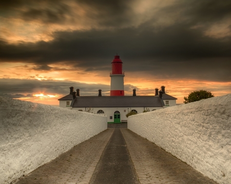 Road to Lighthouse - clouds, nature, lighthouse, beach, road, sea