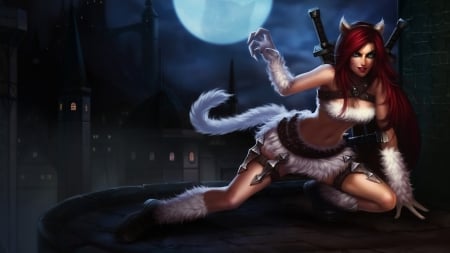 Katarina - moon, redhead, cat, girl, pisica, fantasy, game, luminos, league of legends, katarina