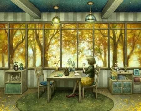 Tea time - realistic, girl, tea, kazami395, cup, window, yellow, luminos, green, anime, tree, manga