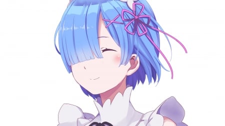 #Nothing - nice, rem, blue eyes, anime girl, happy girl, hd, blue hair, kawaii, pretty, re zero rem, beautiful, short hair