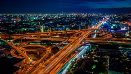 Transportation for Millions - Japan, road, Osaka, orange, cityscape, striking, Highway, lights, skyscrapers, Interchange