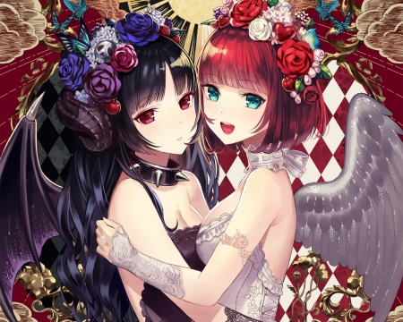 Angelz ... Devilz - pretty, anime, kawaii, female, duel, devil, angel, happy, horn, hd, nice, hug, smiling, anime girl, beautiful, hot, girl, feather, beauty, lovely, sweet, flower, duo, smile, short hait, double, twins, wings, cute, adorable, sexy