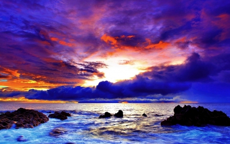 Purple Coast Sunset - clouds, sunset, nature, coast, purple, sea, rocks