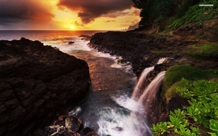 Waterfall on the coast at sunset - nature, sky, trees, clouds, sunset, waterfall, coast