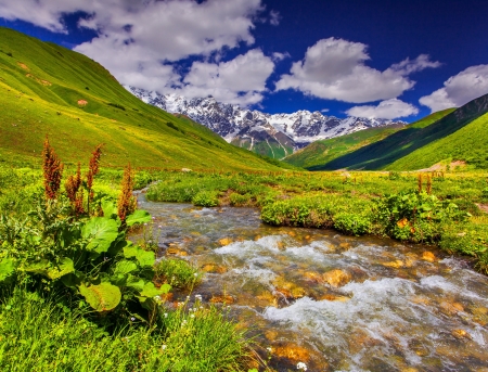 Mountains Scenery - clouds, nature, snow, stream, grass, mountains