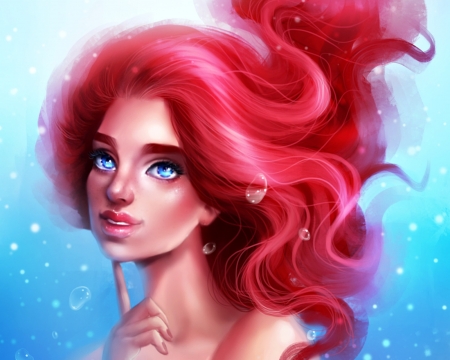 Little mermaid - redhead, girl, fantasy, fanart, art, sandramalie, siren, luminos, mermaid, blue, disney