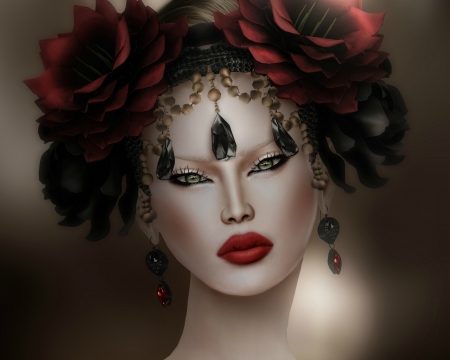 Beauty - face, flower, rd, rendering, rose, black, magissadenver, jewel, girl, wreath, fantasy, lips, luminos, woman