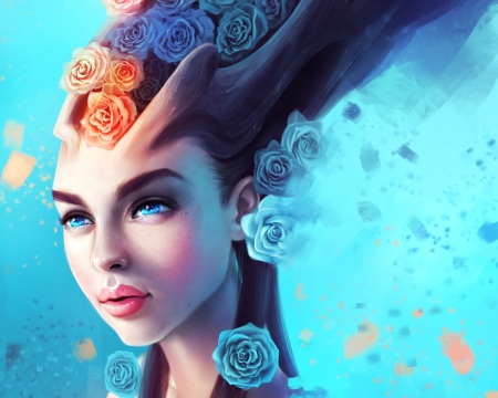 The sweet delusion - blue, girl, sandramalie, flower, orange, fantasy, rose, face, art, luminos