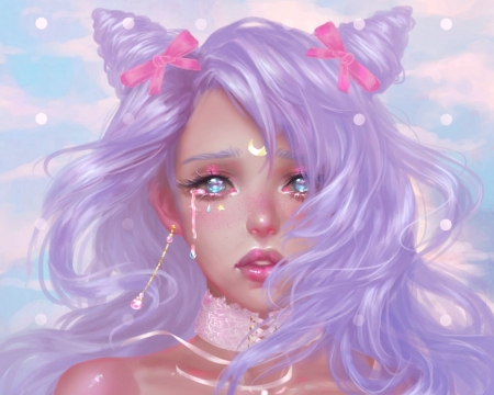 Opalescent tears - moon, princess, tears, girl, fantasy, serenity, face, renaillusion, art, purple, cry, pink, luminos, luna