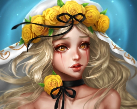 Sad girl - hat, yellow, blue, renaillusion, girl, blonde, flower, fantasy, wreath, sad, rose, luminos