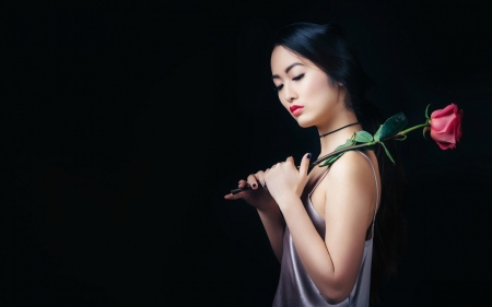 Beauty - black, woman, model, girl, rose, flower, asian, pink