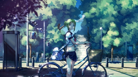 #Nothing - blu eyes, short hair, sweet, anime, anime girl, dress, bicycle, school uniform, sky, trees, green hair, park