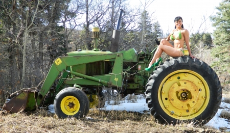 Cowgirls Day Off.. - women, fun, female, boots, fashion, models, brunettes, western, girls, cowgirl, style, outdoors, John Deere, bikini, ranch, tractor