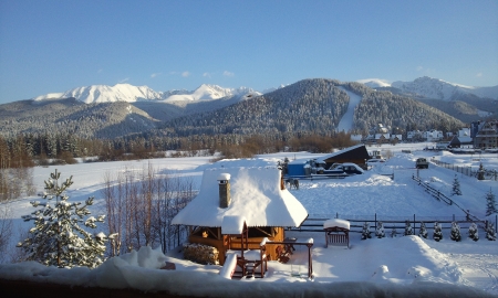 Tatra Mountains, Poland - sky, landscape, house, snow, sunshine