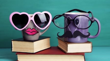 *Mr. and Mrs Cup* - mustache, coffee, books, funny, cute