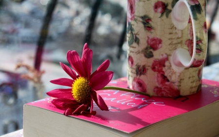 →♡Petals Pink Book♡ - flower, pink, cup, book