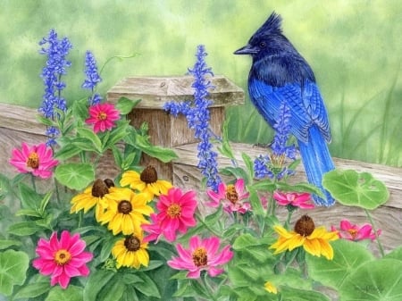 Bird in the Garden - nature, love four seasons, animals, paintings, flowers, garden, spring, birds