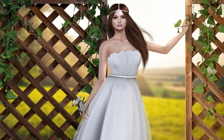 Beauty - woman, rendering, fence, girl, fantasy, white, yellow, luminos, dress