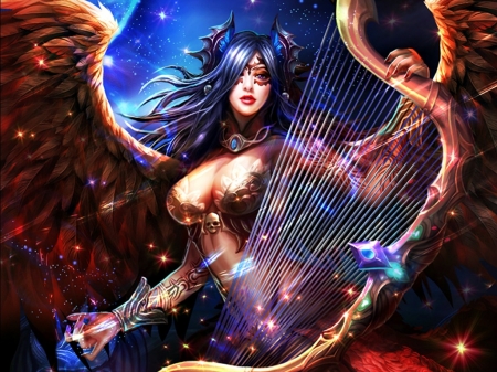 Awake harp - blue, girl, angel, orange, fantasy, instrument, harp, wands96, luminos