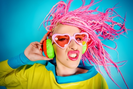 Just having a crazy moment - mood, yellow, blue, girl, pink, orange, crazy, headphones, funny, woman, model, sunglasses