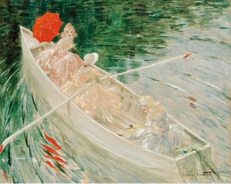 The boat - summer, water, boat, girl, umbrella, art, louis icart, white, pictura, orange, luminos, painting, parasol, woman, green