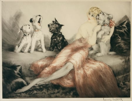 The beauty and her puppies - louis icart, girl, dog, caien, orange, black, pictura, painting, woman, puppy, art, luminos