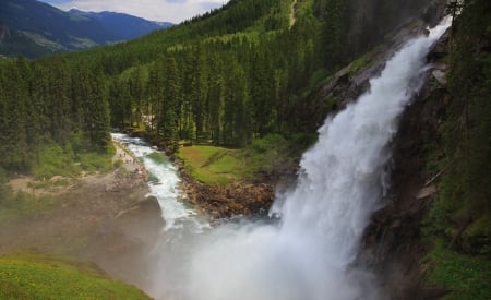 Amazing View - waterfall, tree, mountains, nature